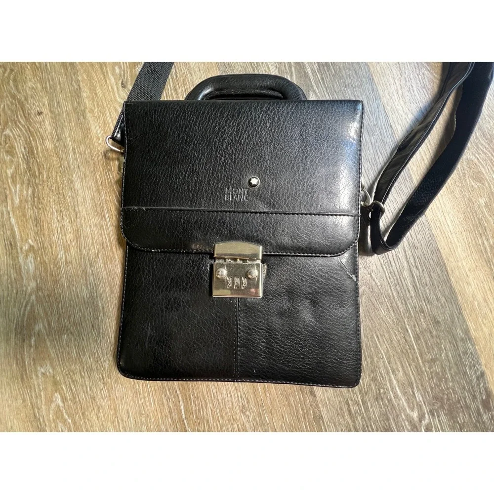 Montblanc Messenger Bag‎ Mens Medium Black Leather Combination Lock Crossbody